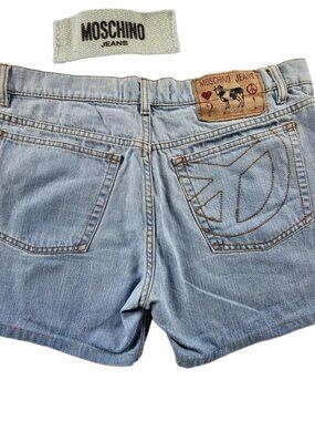 vintage y2k rare Moschino blue denim shorts with peace sign design ☮️👖